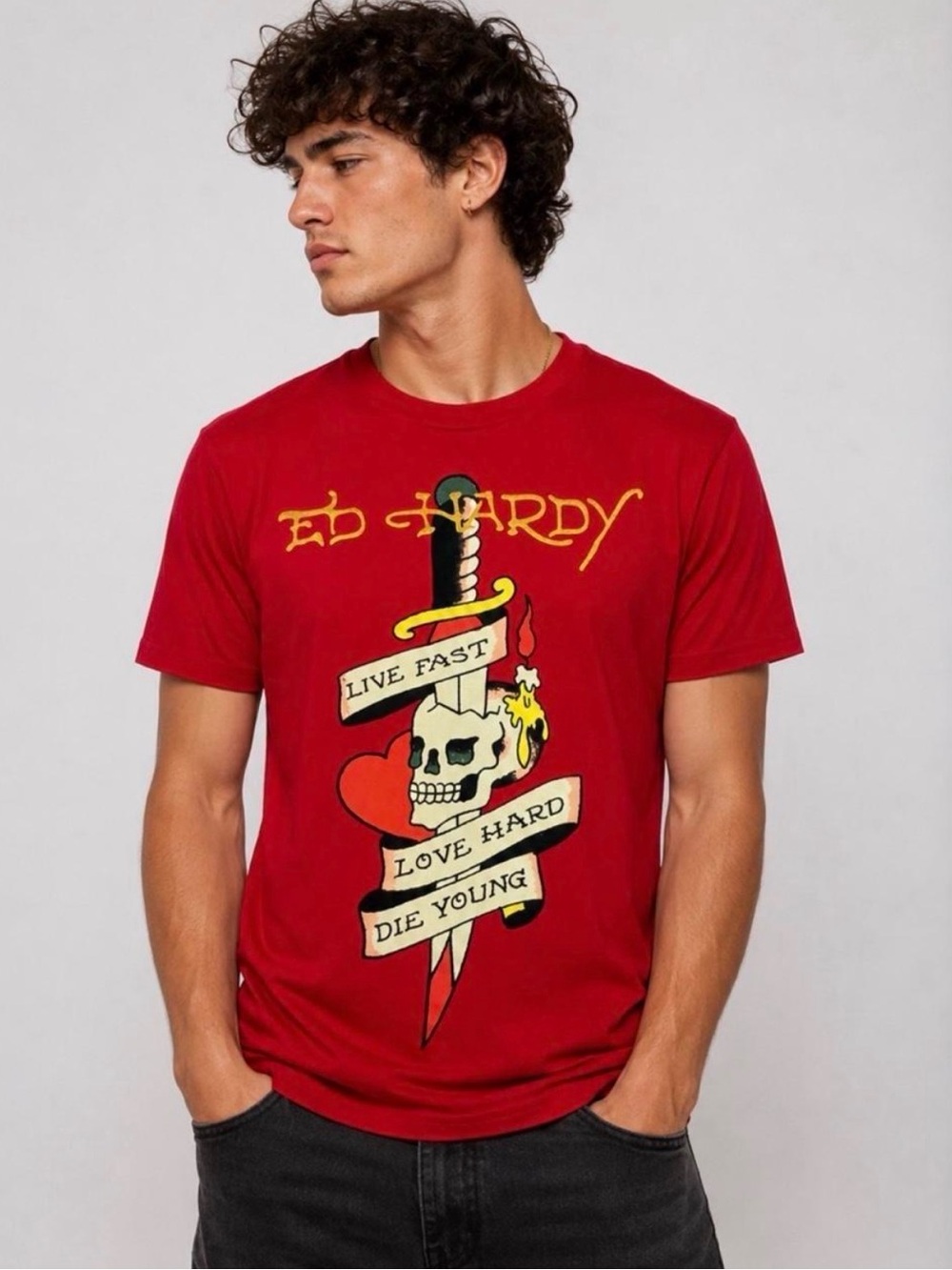 Ed Hardy Red Short-Sleeve Tee with Skull, Dagger & Banner Graphic